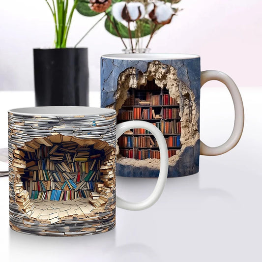 3D Bookshelf Ceramic Mug Creative Space Design Library Shelf Cup Tea Milk Coffee Cups Home Table Decoration Readers Friends Gift